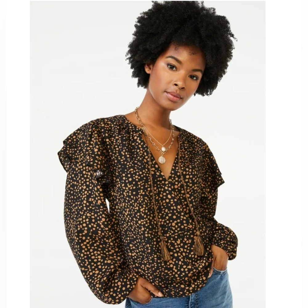 🩷 Scoop  Black and Tan Peasant Top Shirt Blouse - Large (01173)
